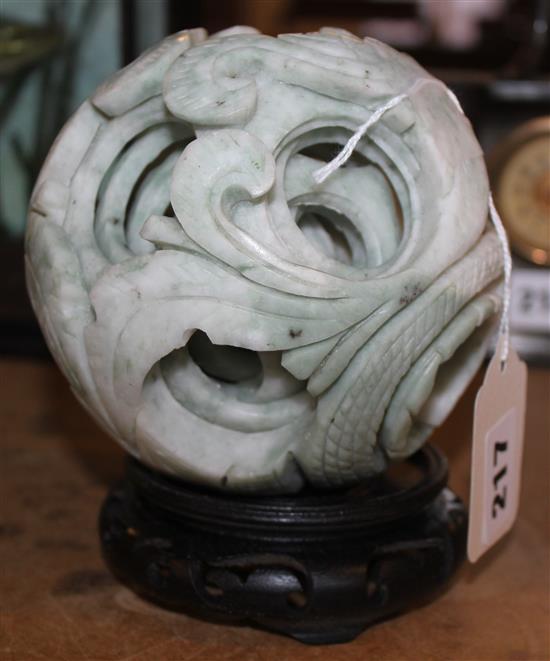 Chinese jade/bowenite concentric ball on stand